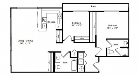 Floor plan for 2 beds, 2 baths, 1016 sqft
